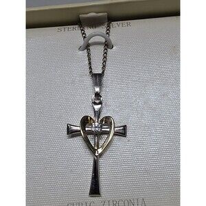 Sterling Silver Cross Necklace Cubic Zirconia Center Stone Gold-Plated Heart NOS
